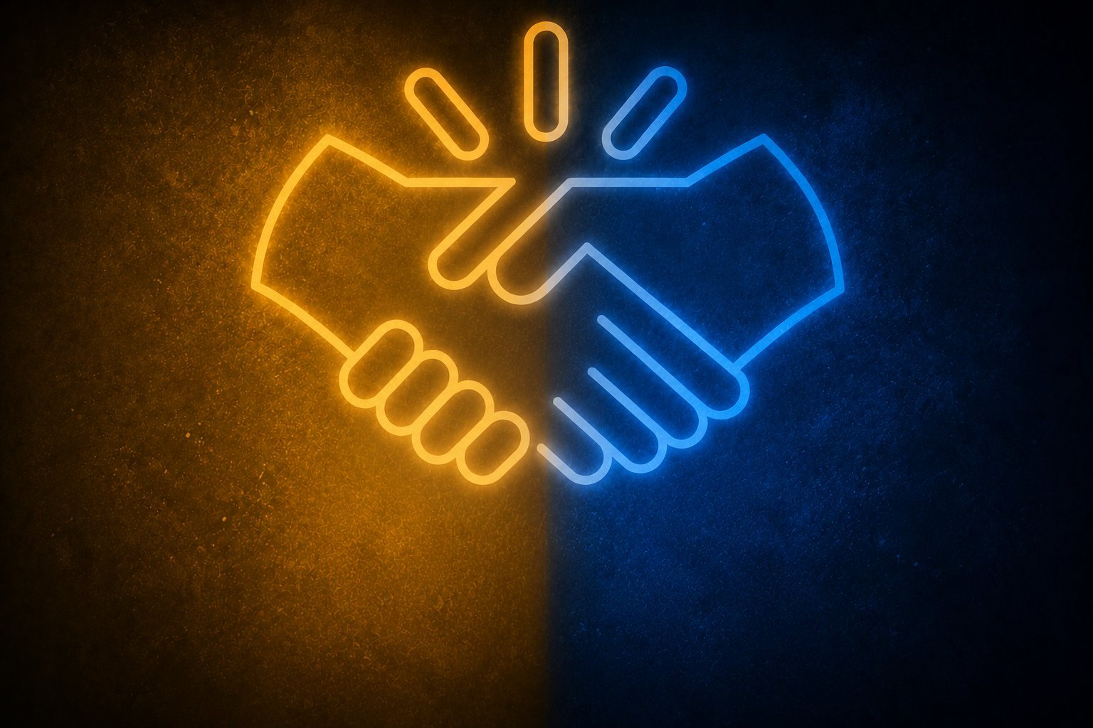 Neon glowing handshake icon with yellow and blue hands